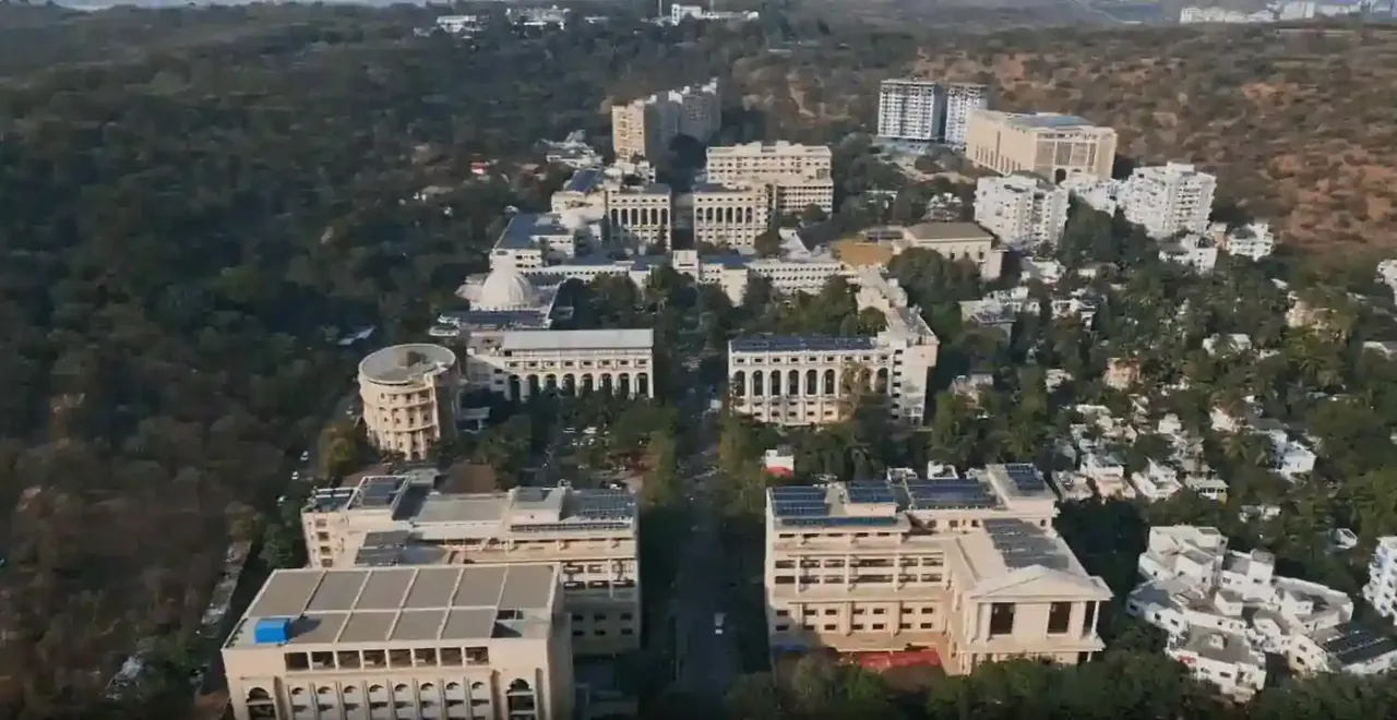 Aerial view of the MIT World Peace University campus at Kothrud, Pune (the still the home page uses as its campus-film poster)