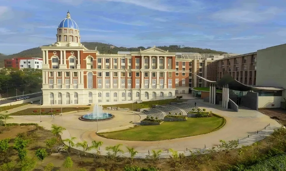 The domed main building of Symbiosis Medical College for Women at Lavale with its fountain forecourt and amphitheatre, seen from above